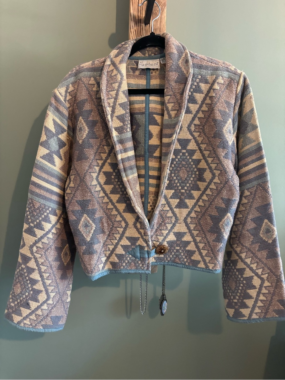 Vintage Patterned Tapestry Southwestern Cropped Jacket Beige Blue Size Small - Picture 2 of 8